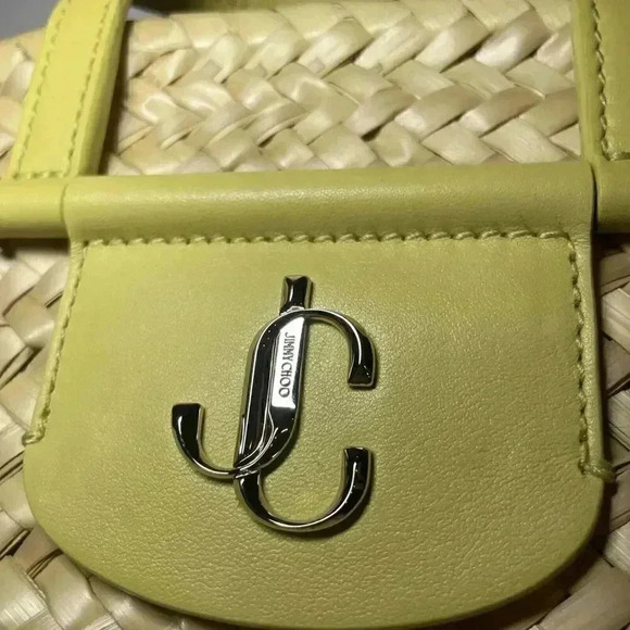 Jimmy Choo Macy Basketweave Tote Raffia Bag Natural Beige Yellow Crossbody Purse - Picture 15 of 16